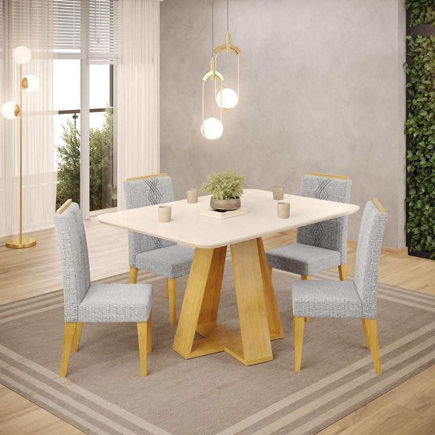 Conjunto De Jantar Mesa Kiara 120 Com Kit 4 Cadeiras Yasmin 4 Lugares Tampo Em Mdf Cedro Off White - imagem 3