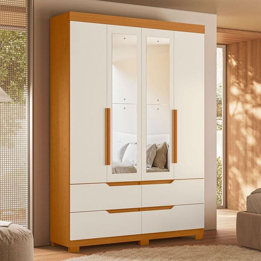Guarda Roupa Solteiro Com Cômoda Doble 4 Portas De Bater Com Espelho 4 Gavetas Mdp Cinamomo E Off - imagem 3