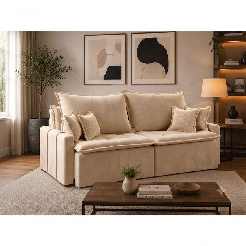 Sofá Com Chaise Orfeu 3 Lugares Retrátil E Reclinável 180cm Bege - imagem 3