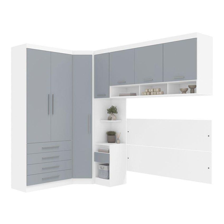 Quarto De Canto Alpes Luci 7 Portas 5 Gavetas Mdp 165cm Branco Com Guarda Roupa E Mesa De Cabeceira - imagem 4