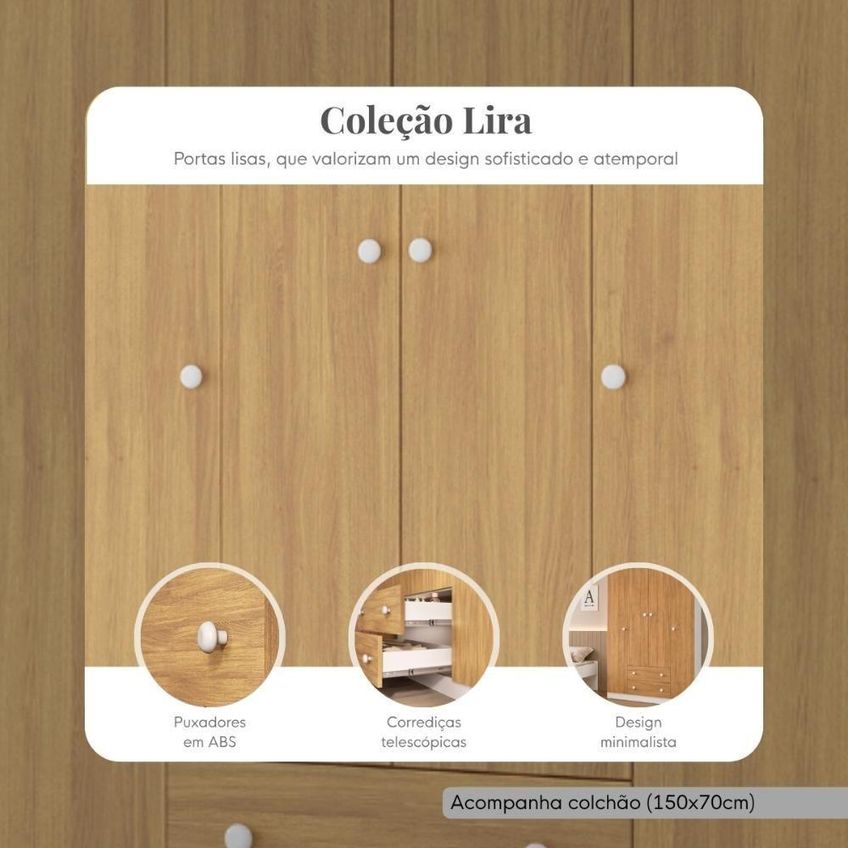 Conjunto De Quarto Cama Com Colchão E Guarda Roupa 4 Portas 2 Gavetas Mdp Branco Multimóveis - imagem 5