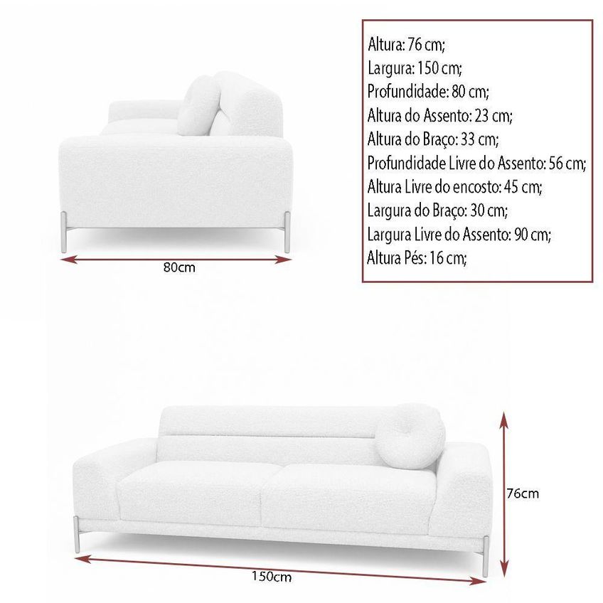 Sofá Arezzo 2 Lugares Fixo 150cm Bouclé Off White Pés Aço Preto Sallar Home - imagem 3