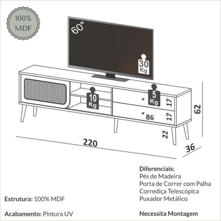 Rack Para TV Curve 60" 220cm MDF Com 2 Gavetas Carvalho Rosé Dalla Costa Móveis - imagem 4