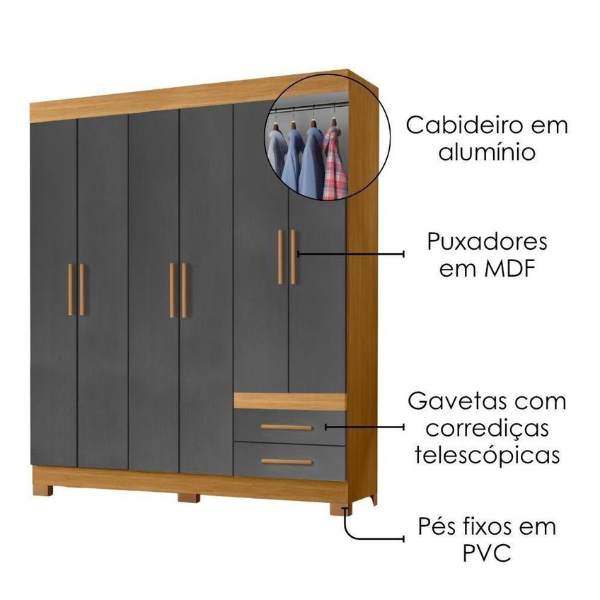 Guarda Roupa Casal New Recife 6 Portas De Bater 2 Gavetas Mdp Grafite Acetinado Poliman Móveis 160cm - imagem 5