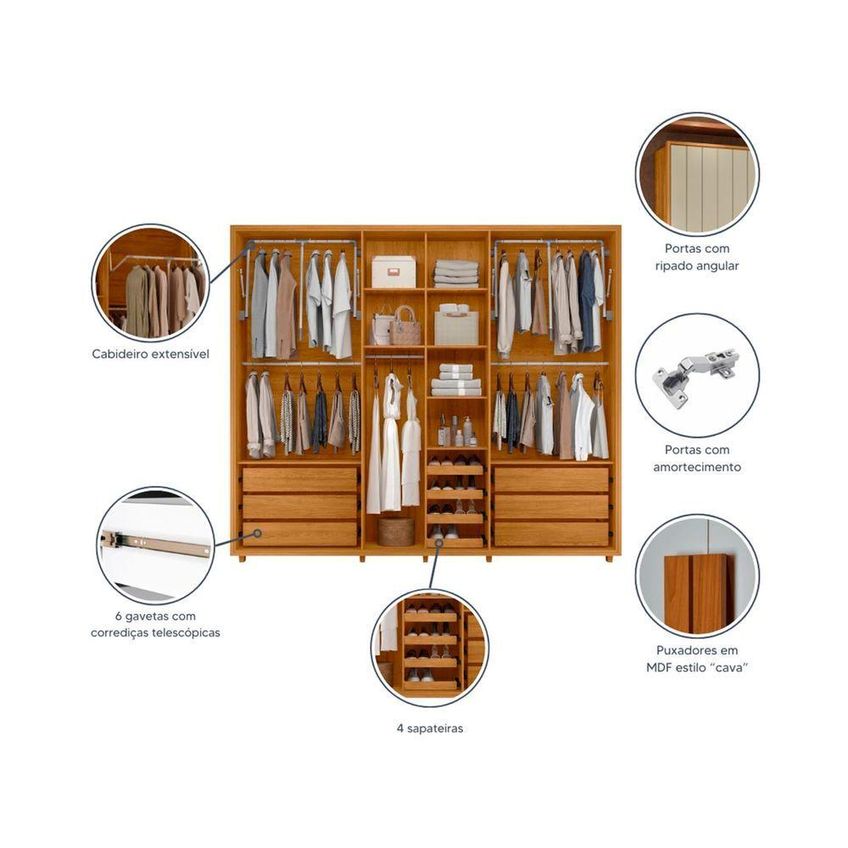 Guarda Roupa Casal Volpi 6 Portas De Giro 4 Sapateiras Mdf-mdp Cumaru Madetec Móveis 278cm - imagem 3