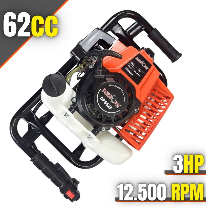 Trado Motorizado À Gasolina Duratork Dps623g 62cc 3hp 12.500rpm Perfurador De Solo Completo Com 3 Brocas 80x20cm, 80x25cm E 80x30cm + Extensão 100c - imagem 2