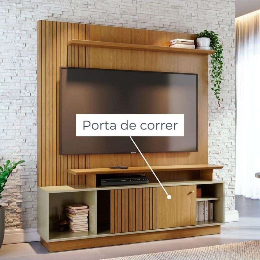 Home Theater Ares Para TV Até 65" 160cm MDP Com Porta de Correr Cumaru e Opala Madetec Móveis - imagem 4