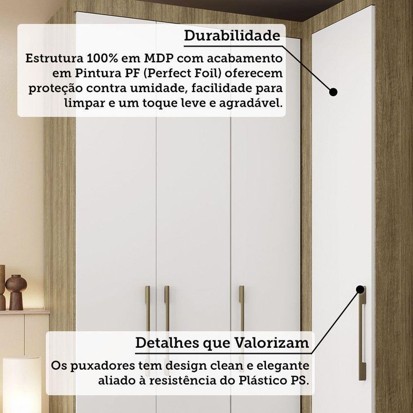 Guarda Roupa De Canto Paris 4 Portas De Bater 2 Gavetas Mdp Avelã Pf Branco Pf Luciane Móveis - imagem 5