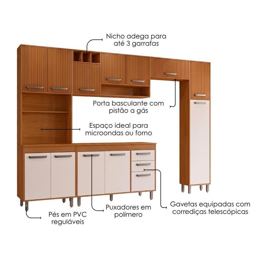 Cozinha Completa Malta 6 Módulos 2 Gavetas MDF-MDP 298cm Amadeirado Poliman Móveis - imagem 3