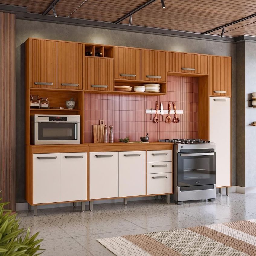 Cozinha Completa Malta 6 Módulos 2 Gavetas MDF-MDP 298cm Amadeirado Poliman Móveis - imagem 4