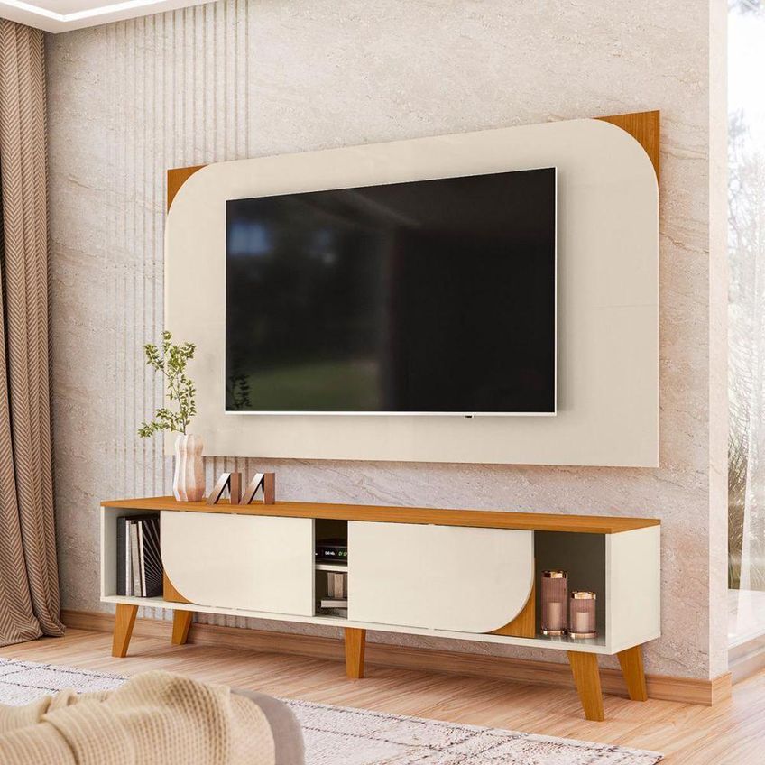 Rack Bancada Com Painel Para TV Até 65" 182cm MDP Off White Madetec Móveis - imagem 3