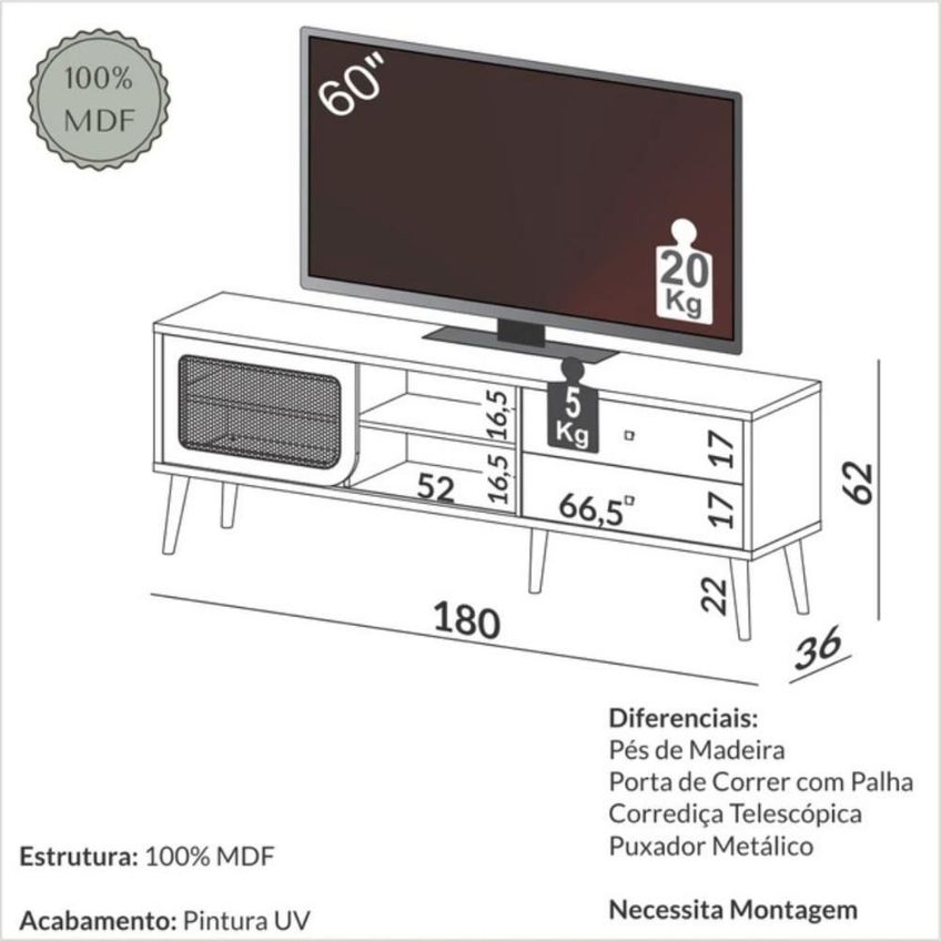 Rack Tela TB306JJ 180cm MDF com Porta de Correr Amadeirado Dalla Costa Móveis - imagem 4