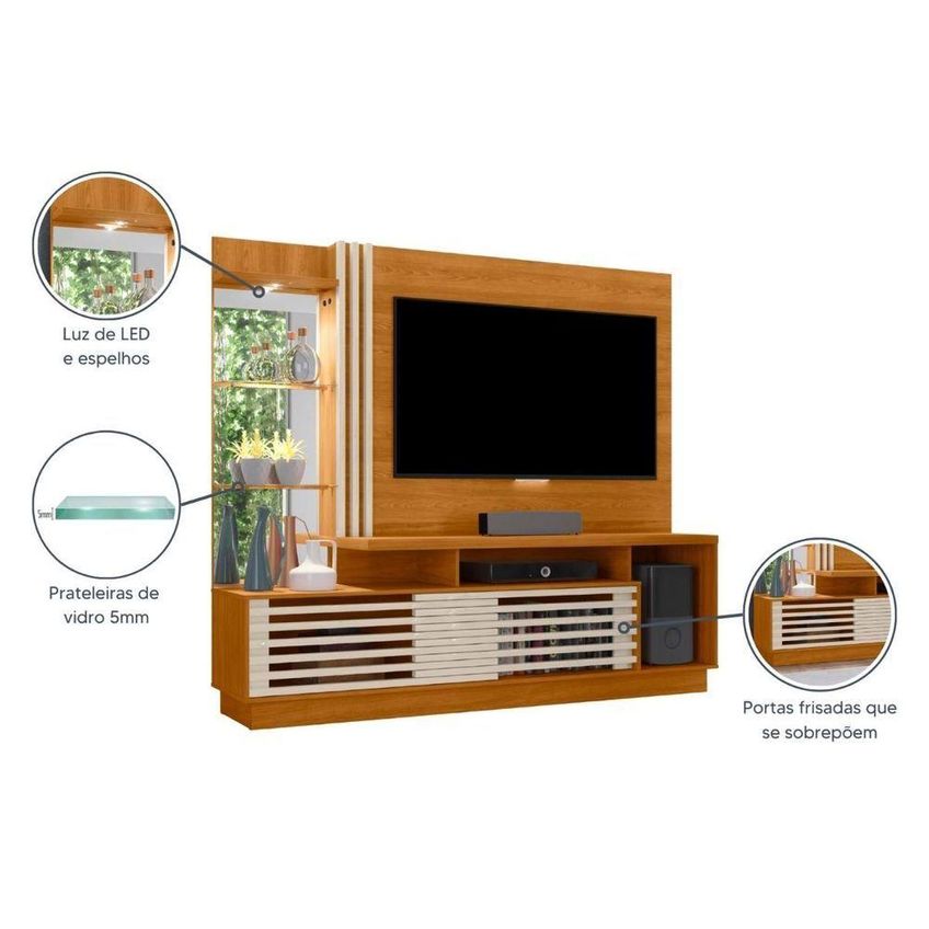 Home Theater Frizz Plus Para TV Até 60" 200cm MDP Com Espelho E LED Cinamomo E Off White - imagem 3