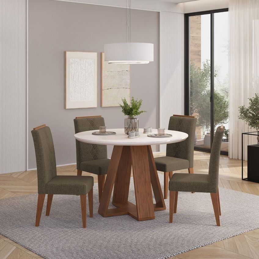 Conjunto De Jantar Kiara Redonda Com 4 Cadeiras Yasmin 4 Lugares Tampo Mdf Freijó Off White Linho - imagem 3
