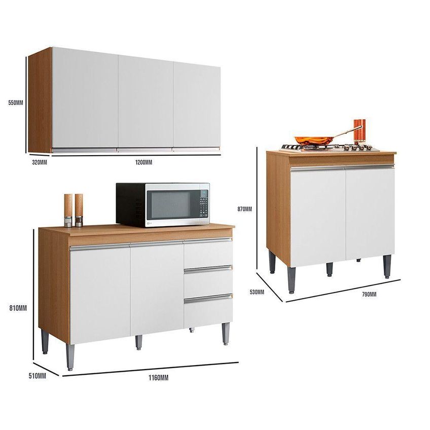 Conjunto Cozinha Compacta Andreia 3 Portas MDP 120cm Amêndoa E Branco AJL Móveis - imagem 3