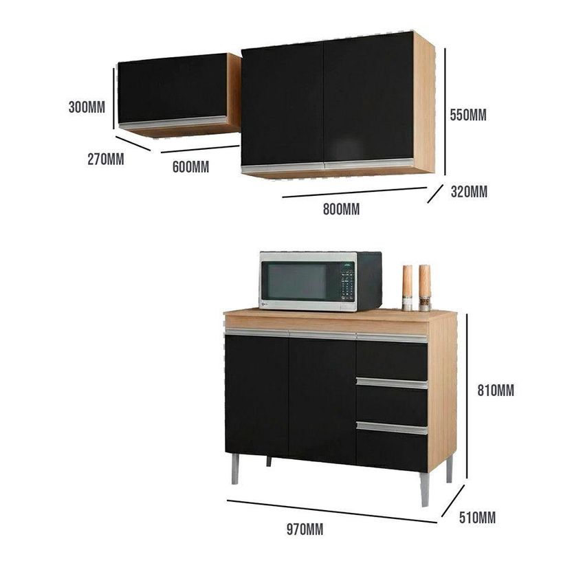 Conjunto Kit Cozinha Pia Sem Tampo E 2 Armários Aéreos 100cm 80cm 60cm Amêndoa E Preto AJL - imagem 3