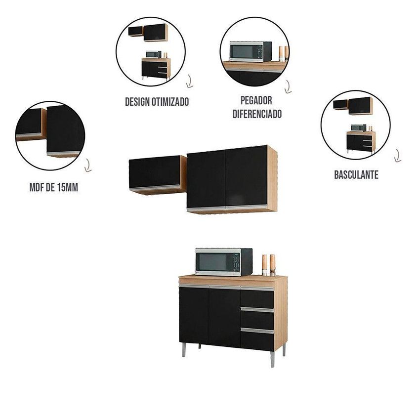 Conjunto Kit Cozinha Pia Sem Tampo E 2 Armários Aéreos 100cm 80cm 60cm Amêndoa E Preto AJL - imagem 4