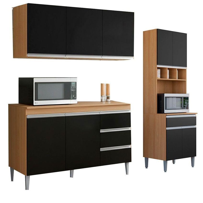 Conjunto Kit Cozinha Balcão Andreia 3 Portas MDF-MDP 120cm Amêndoa E Preto AJL Móveis - imagem 3