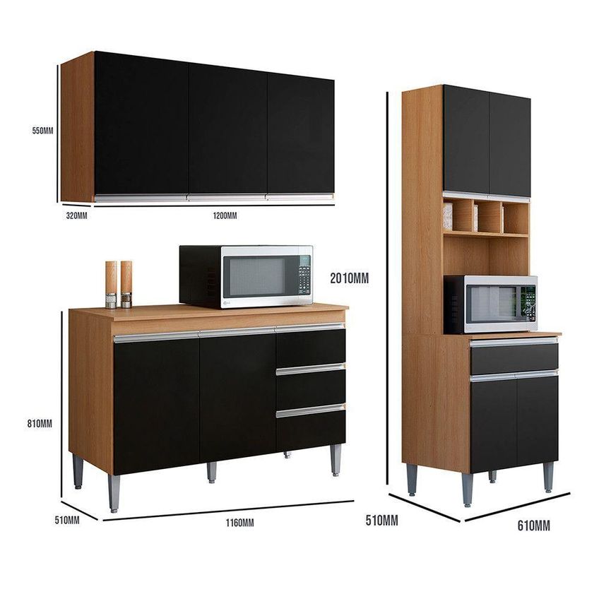Conjunto Kit Cozinha Balcão Andreia 3 Portas MDF-MDP 120cm Amêndoa E Preto AJL Móveis - imagem 4