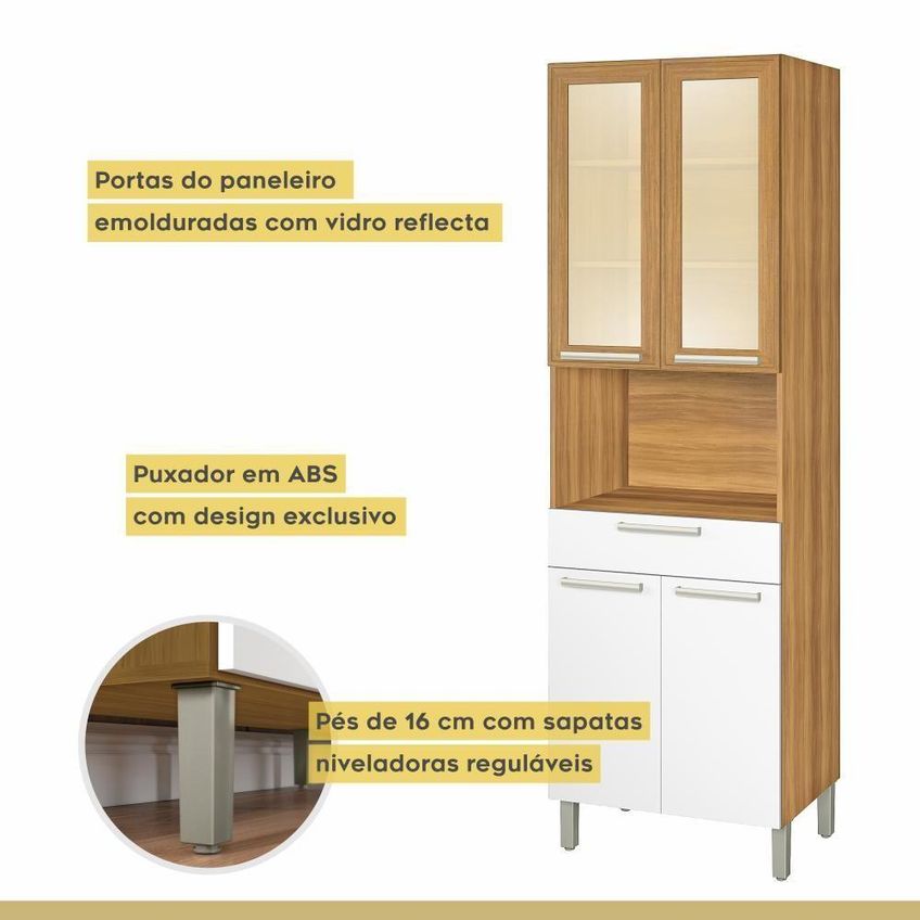 Paneleiro Para Forno Nesher Portas De Vidro Burguesa 2 Portas Mdf 70cm Freijó Branco - imagem 4