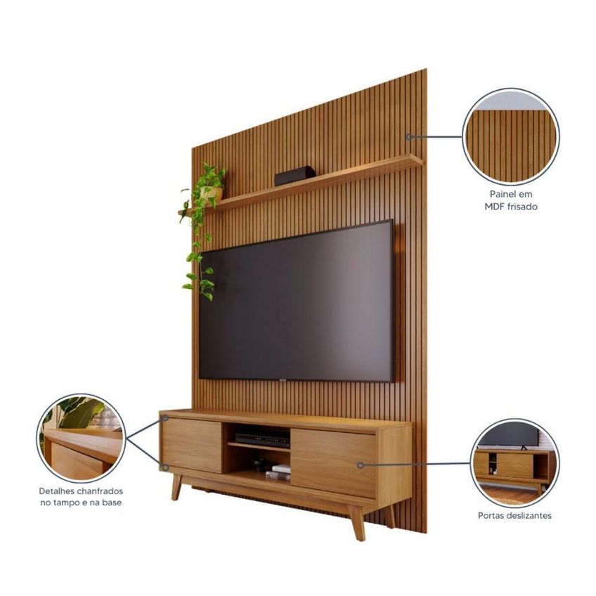 Rack Com Painel Teto Para TV 65" 179cm MDP e MDF Portas Correr Cumaru Madetec Móveis - imagem 3