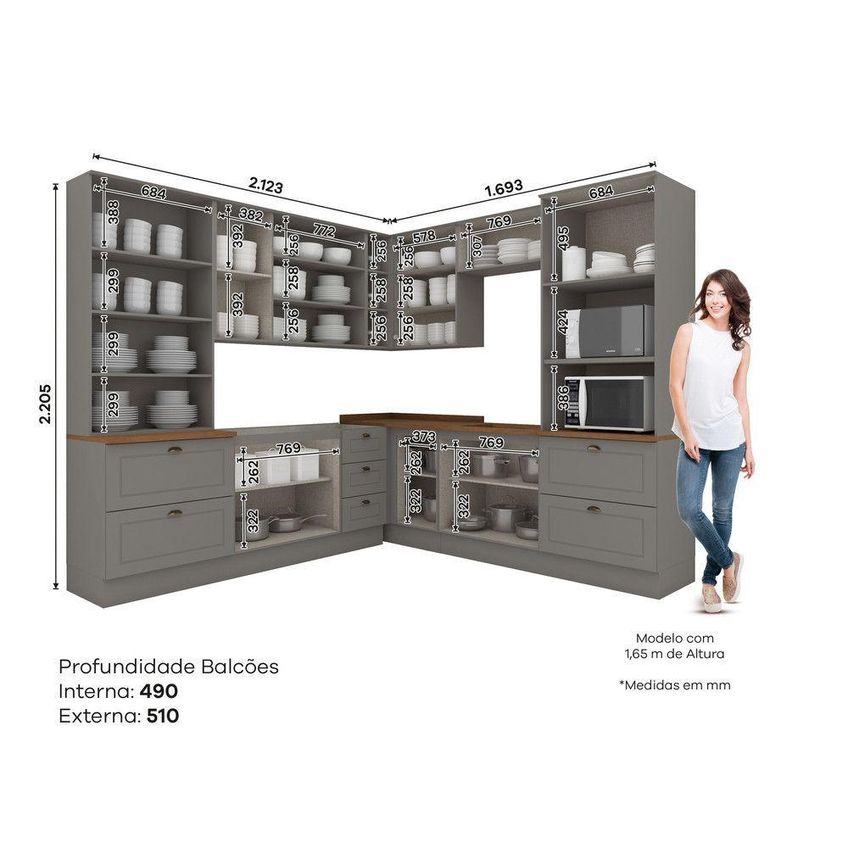 Cozinha Completa Amy 14 Portas 7 Gavetas MDF Cinza Com Natural Casa 812 - imagem 2