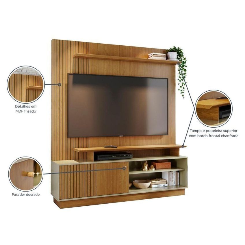 Home Theater Ares Para TV Até 65" 160cm MDP Porta Deslizante Cumaru E Opala Madetec Móveis - imagem 4