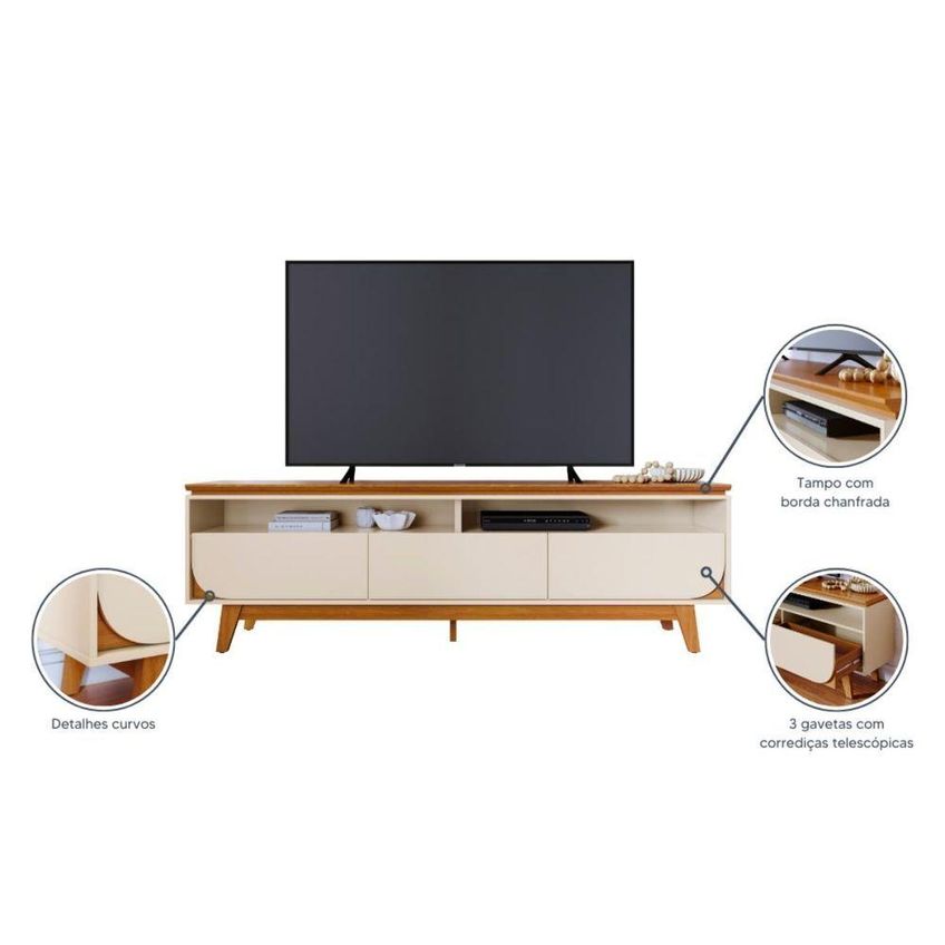 Bancada Para TV Selene 75" 200cm MDP com 3 Gavetas Off White Madetec Móveis - imagem 3
