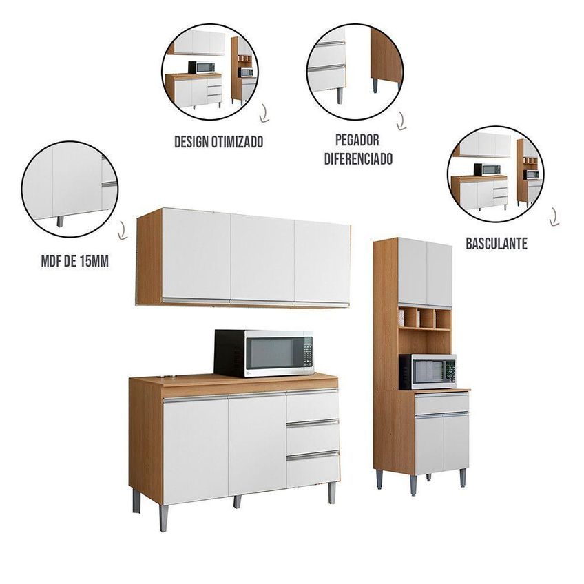 Conjunto Kit Cozinha Andreia 3 Portas Sem Gavetas MDF-MDP 120cm Amêndoa E Branco AJL Móveis - imagem 3