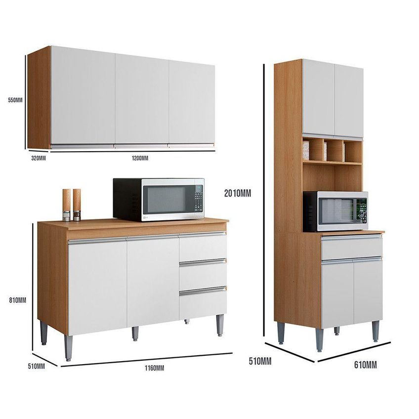 Conjunto Kit Cozinha Andreia 3 Portas Sem Gavetas MDF-MDP 120cm Amêndoa E Branco AJL Móveis - imagem 4