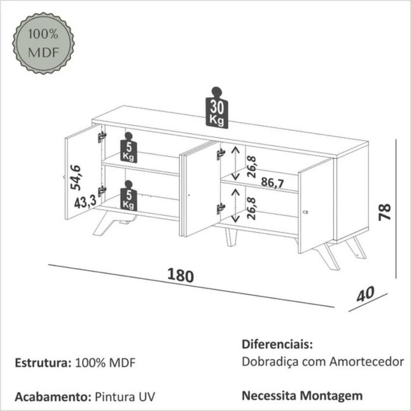 Balcão Buffet TB232CR Moderno 4 Portas MDF 180cm Carvalho Rosé Dalla Costa Móveis - imagem 4