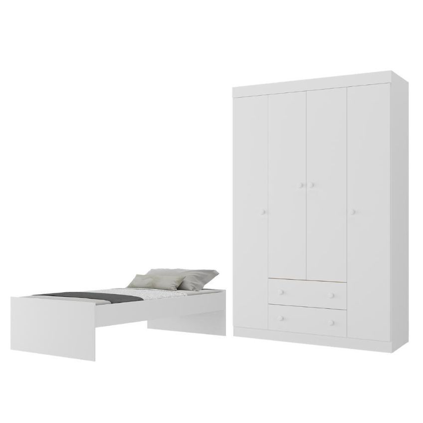 Conjunto De Quarto Lira Com Cama E Guarda Roupa 4 Portas 2 Gavetas Mdp Branco Multimóveis - imagem 4