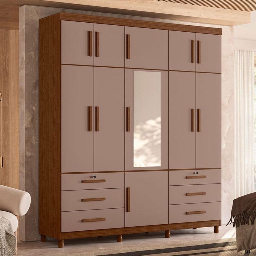 Guarda Roupa Casal Com Cômoda Triton Plus 11 Portas De Bater 8 Gavetas Mdp Nogueira Capuccino - imagem 3