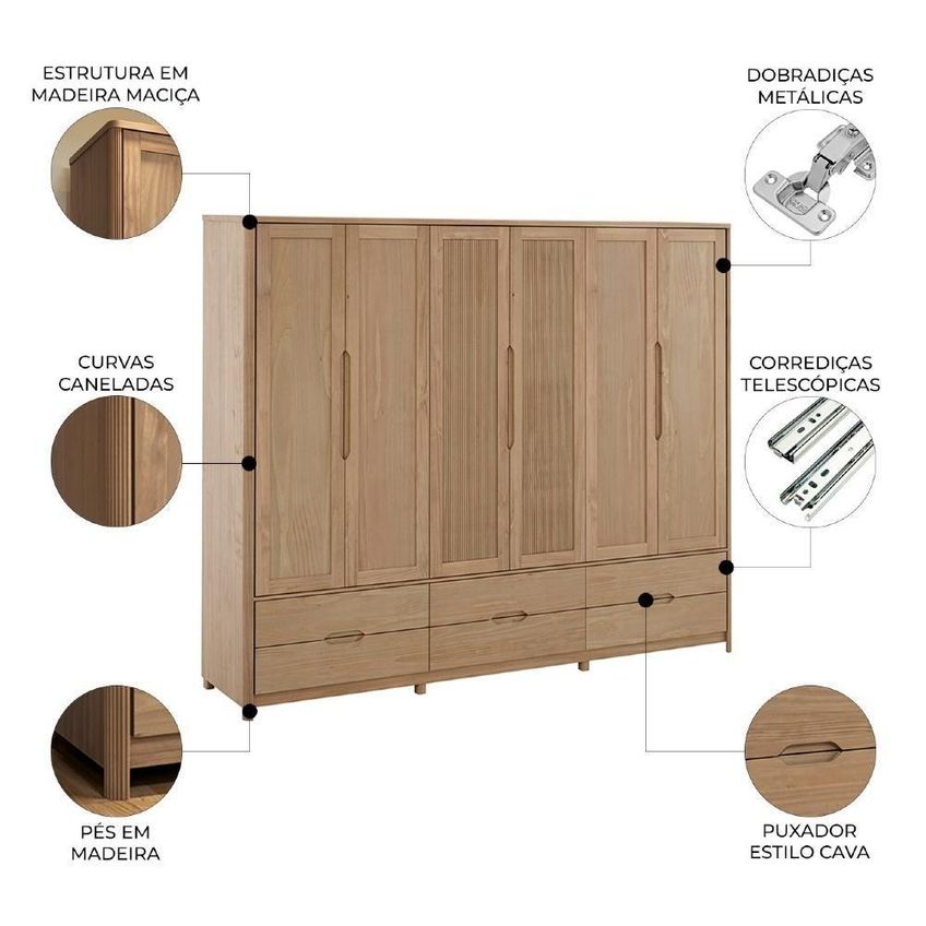 Guarda Roupa Casal Nira 6 Portas De Bater 6 Gavetas Madeira Maciça Tuari Mpozenato 262cm - imagem 3