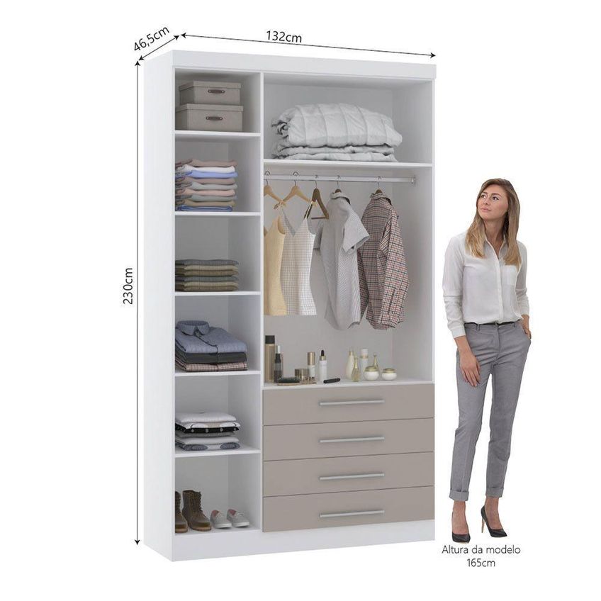 Guarda Roupa Casal Alpes 3 Portas De Bater 4 Gavetas MDP Branco PF-Cinammon PF 132cm - imagem 4