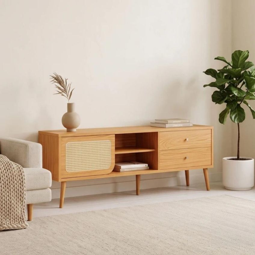 Rack Tela 180cm Com Porta De Correr E 2 Gavetas MDF Carvalho Rosé Dalla Costa Móveis - imagem 3