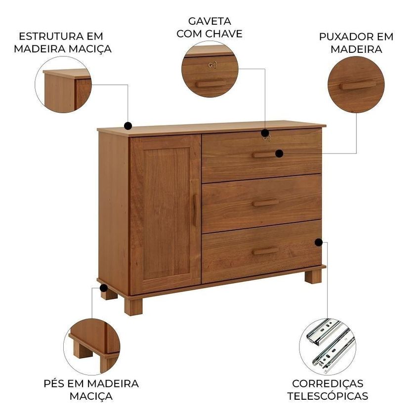 Cômoda Lone 3 Gavetas Madeira Maciça Castanho Mpozenato 118cm - imagem 4