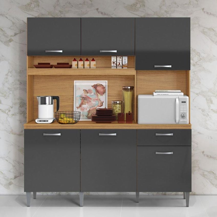 Kit Cozinha Compacta Siena 2000446 6 Portas 1 Gaveta 160cm Cinamomo E Grafite Aramoveis - imagem 3