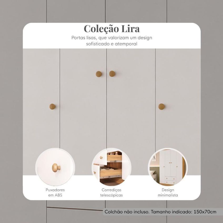 Jogo De Quarto Com Cama Solteiro E Guarda Roupa Lira Mdp 120cm Branco Multimóveis - imagem 3