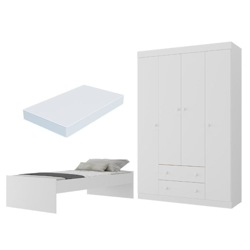 Conjunto De Quarto Lira Com Cama Colchão Incluso E Guarda Roupa 4 Portas 2 Gavetas MDP Branco - imagem 3