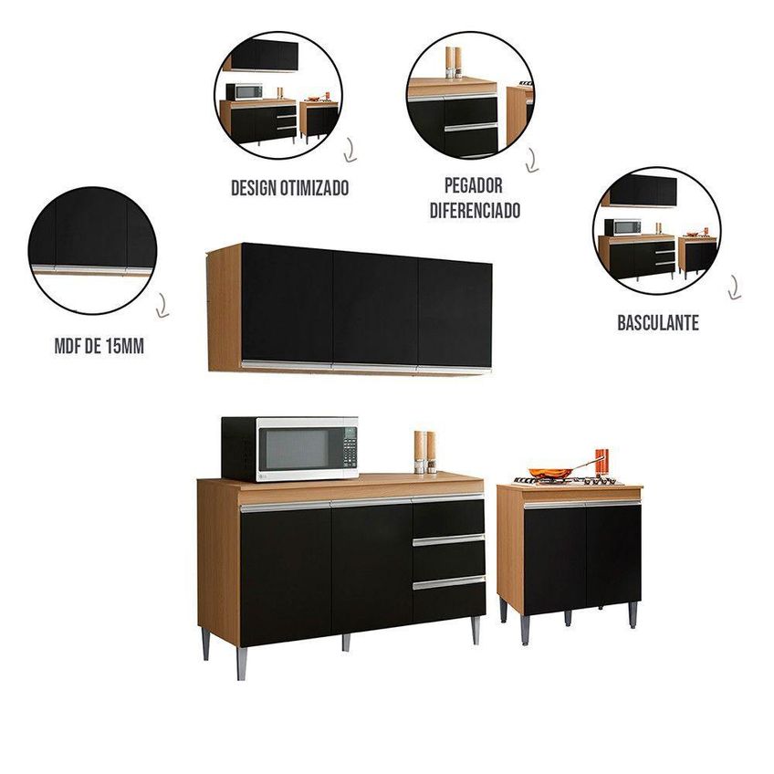 Conjunto Cozinha Compacta Andreia 3 Portas 120cm Amêndoa E Preto AJL Móveis - imagem 3