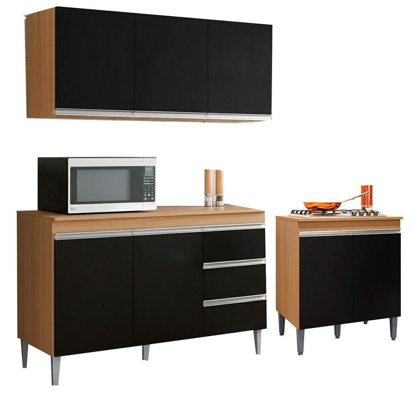 Conjunto Cozinha Compacta Andreia 3 Portas 120cm Amêndoa E Preto AJL Móveis - imagem 4