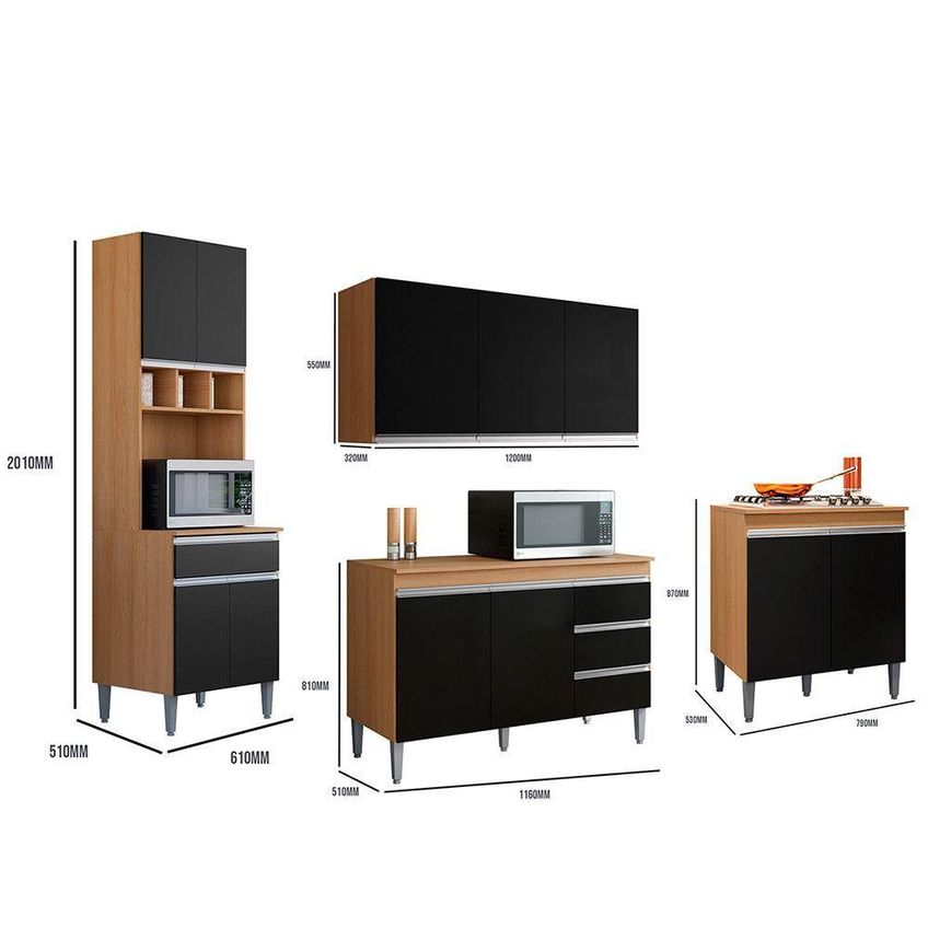 Cozinha Completa Andreia 3 Portas MDP 120cm Amêndoa e Preto AJL - imagem 3