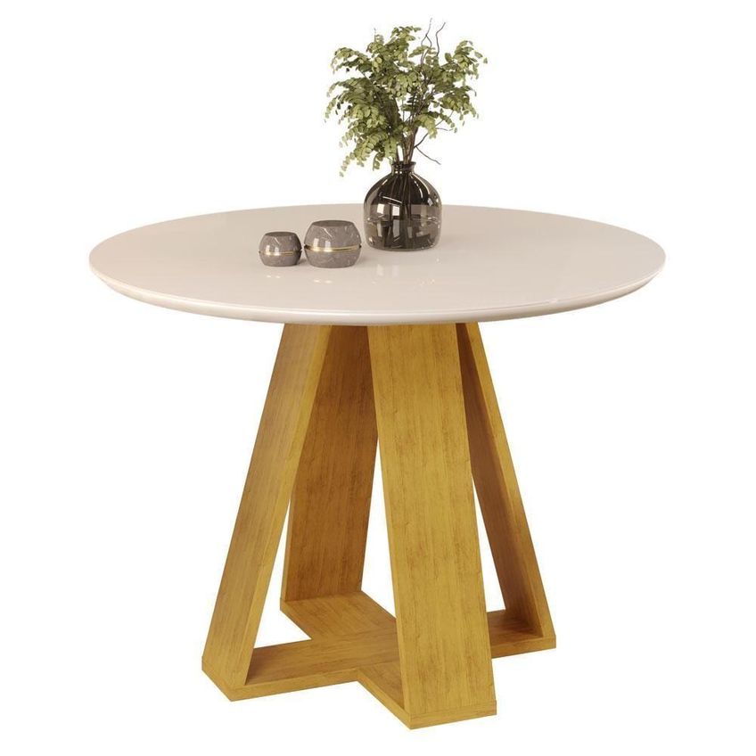 Conjunto De Jantar Mesa Kiara Redonda 4 Lugares Tampo Mdf Vidro Cedro Off White Dj Móveis - imagem 2