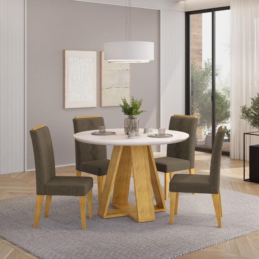 Conjunto De Jantar Mesa Kiara Redonda 4 Lugares Tampo Mdf Vidro Cedro Off White Dj Móveis - imagem 5