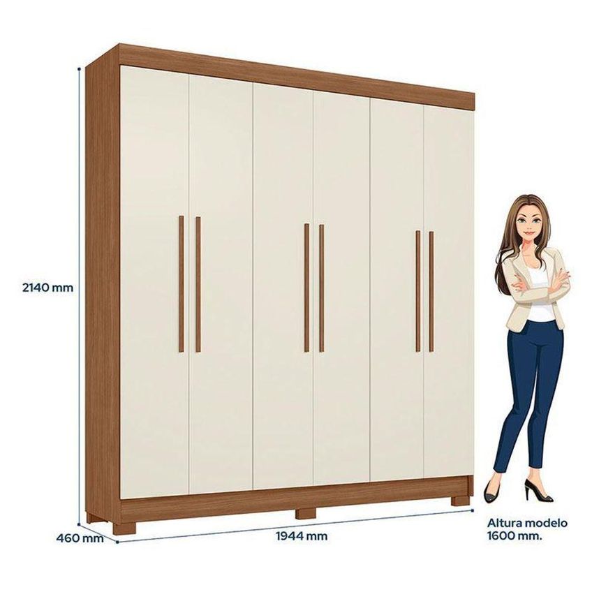 Guarda Roupa Casal Toledo 6 Portas MDF MDP Jatobá Areia Acetinado Cômoda 6 Gavetas Com Espelho - imagem 5