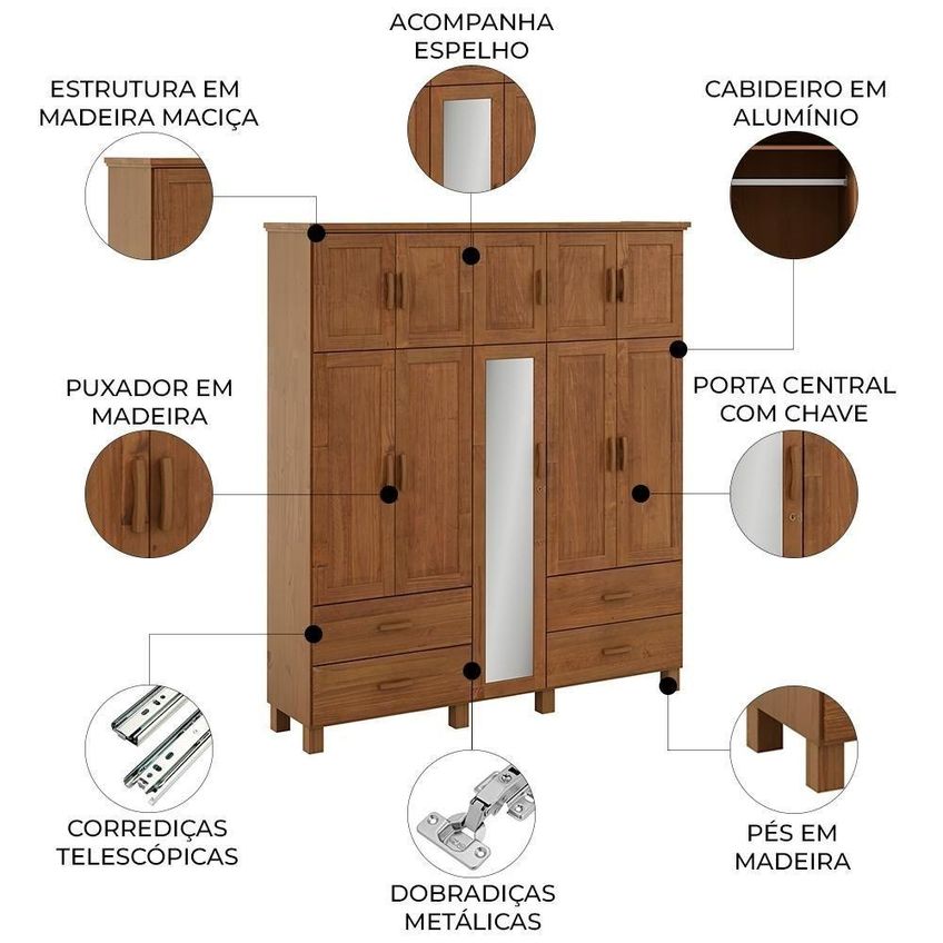 Guarda Roupa Casal Lone 10 Portas De Bater 4 Gavetas Madeira Maciça Castanho Mpozenato 195cm - imagem 5