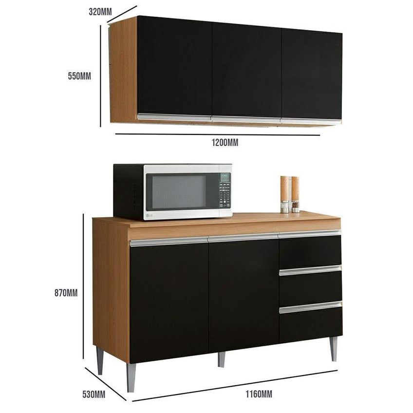 Conjunto Cozinha Balcão Pia 120cm E Armário Aéreo 3 Portas Mdf-mdp Amêndoa-preto Ajl Moveis - imagem 3