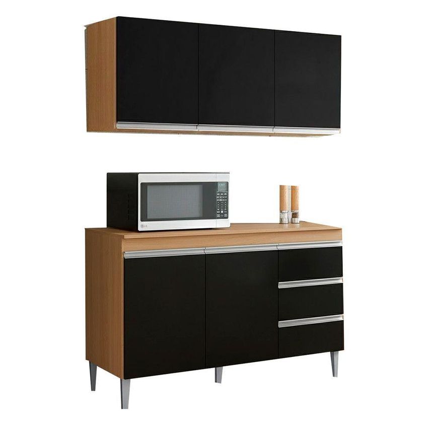 Conjunto Cozinha Balcão Pia 120cm E Armário Aéreo 3 Portas Mdf-mdp Amêndoa-preto Ajl Moveis - imagem 4