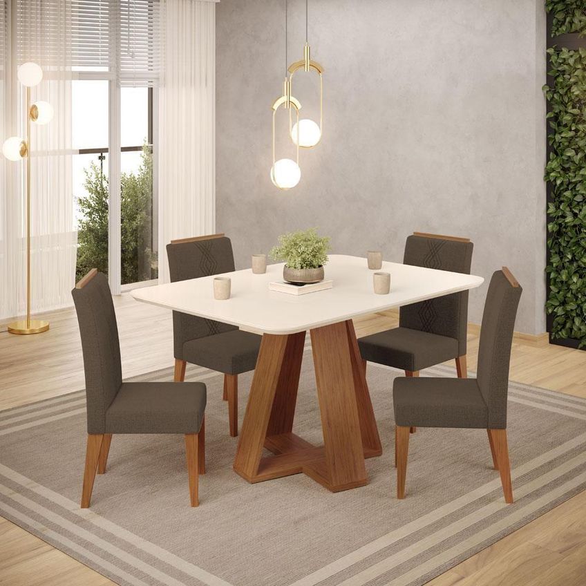 Conjunto De Jantar Kiara 120 Com 4 Cadeiras Yasmin 4 Lugares Tampo Mdf Vidro Freijó Off White Linho - imagem 4